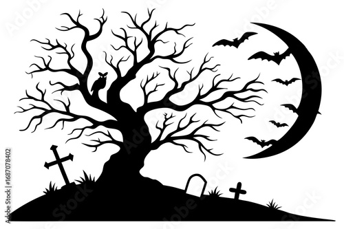 Haunted Graveyard Tree Silhouette with Bats and Moon