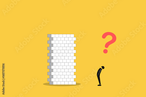Businessman standing with question mark front of wall. concept of business future, uncertainty, challenge, opportunity and hope