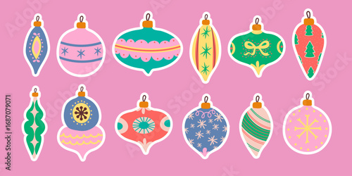 Vintage stickers colorful christmas baubles ball set