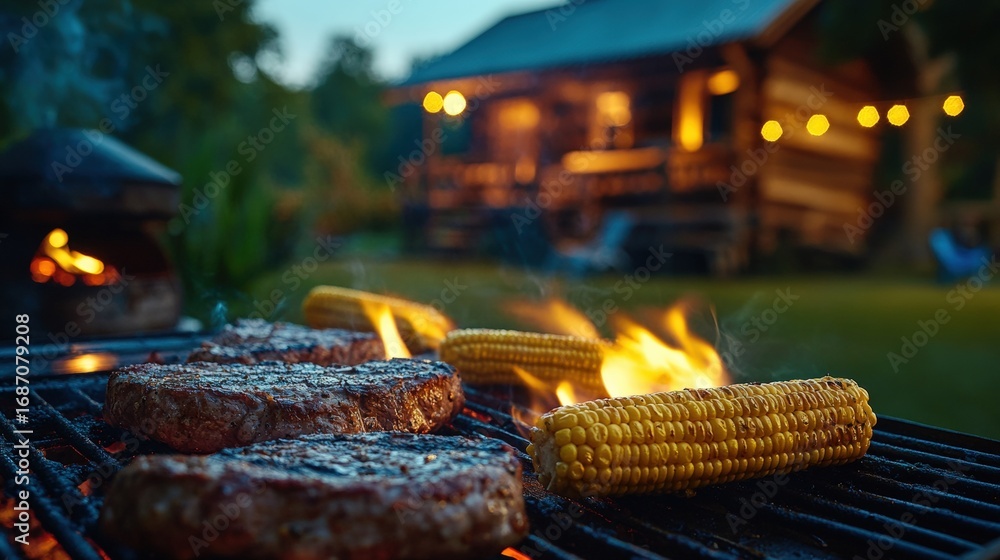 Obraz premium A cozy outdoor barbecue scene featuring grilling steaks and corn, with a rustic cabin illuminated softly in the background.
