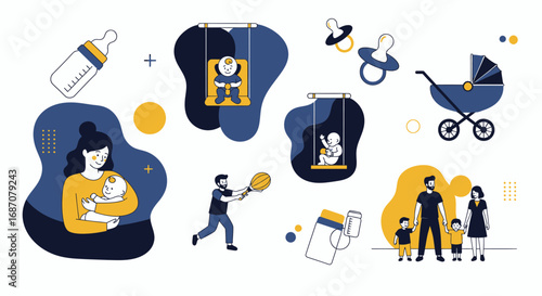 Conceptual illustration highlighting parenthood featuring parents, children