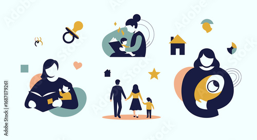 Stylized Family Life Illustrations Showcasing Nurturing and Togetherness