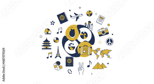 Global adventures outlined in icons capturing the essence of travel and culture