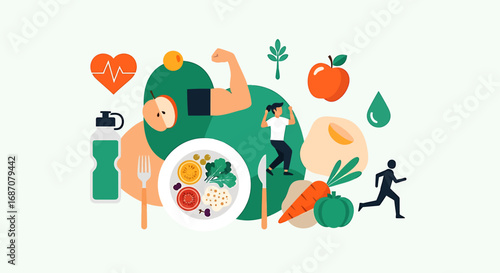 Vibrant lifestyle graphic showcasing health, nutrition, and physical activity