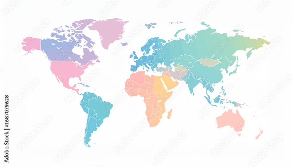 Obraz premium Stylized world map vector with pastel gradient and minimal design. Perfect for infographic, presentation, travel, and educational use.