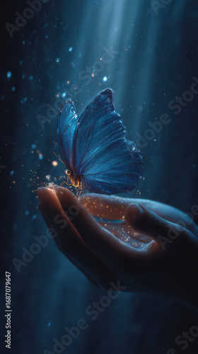 Ephemeral Beauty: A delicate blue butterfly, wings shimmering with iridescent hues, gently alights on a cupped hand, bathed in ethereal light and a sense of serene tranquility.