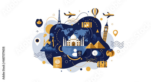 Captivating global exploration illustration featuring world landmarks icons