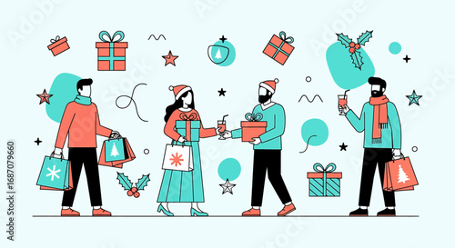 Stylized illustration portraying a group enjoying festive holiday gatherings