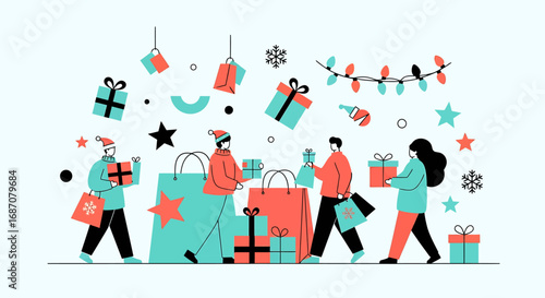 Festive holiday season shopping spree with people enjoying christmas gifts