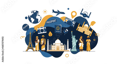 Global tourism concept with landmarks and cultural figures illustration