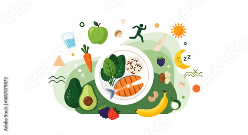 Balanced nutrition and active lifestyle promoting health and wellness concept