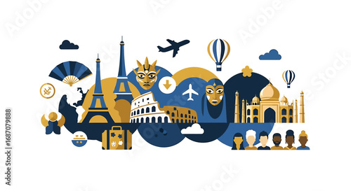 Stylized world landmarks collage representing global travel adventures and