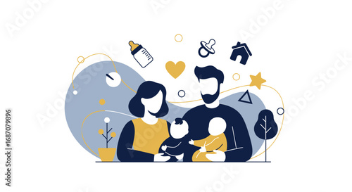Abstract family illustration portraying love and childhood dreams with children