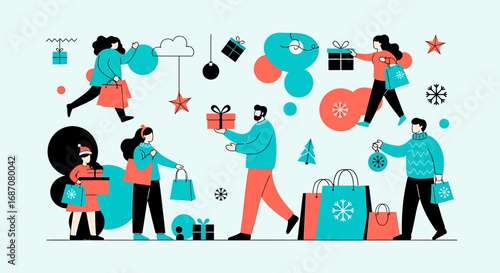 Festive christmas shopping spree with gifts and decorative elements,