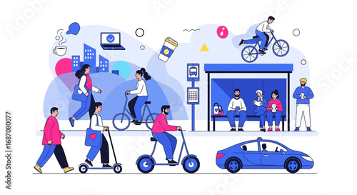 Modern city life with diverse transportation and technology integration concept