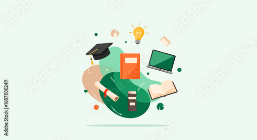 Digital learning and academic achievement illustration with various study tools