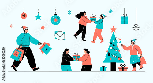 Festive holiday spirit depicted with gifts, tree and shoppers in cheerful