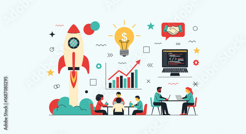 Creative business meeting and startup illustration for innovative project launch