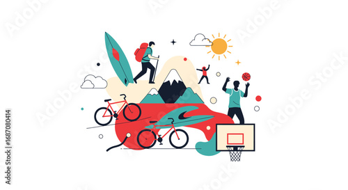Illustrated composition showcasing outdoor recreational activities and active