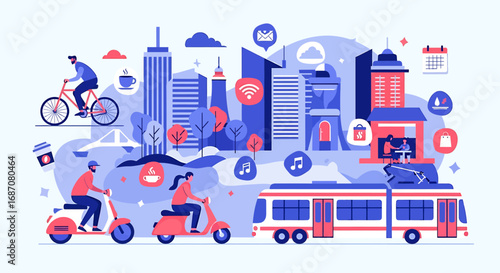 Modern city life: diverse transportation, connectivity, and vibrant urban spaces