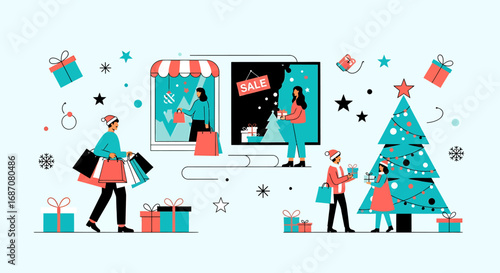 Festive christmas shopping scene with online and offline retail experiences