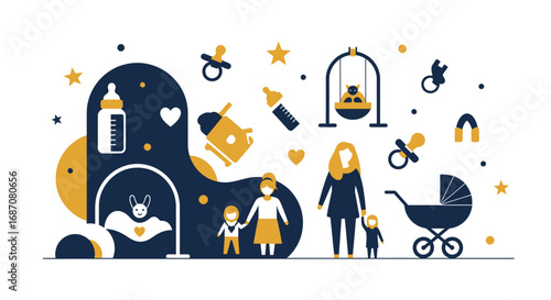 Stylized baby and mother elements illustration depicting nurturing parenting