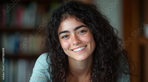 Smiling young woman with curly hair taking notes while studying
