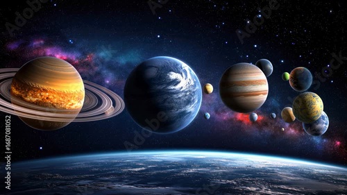A cosmic scene showing the planets and other celestial bodies is rotating