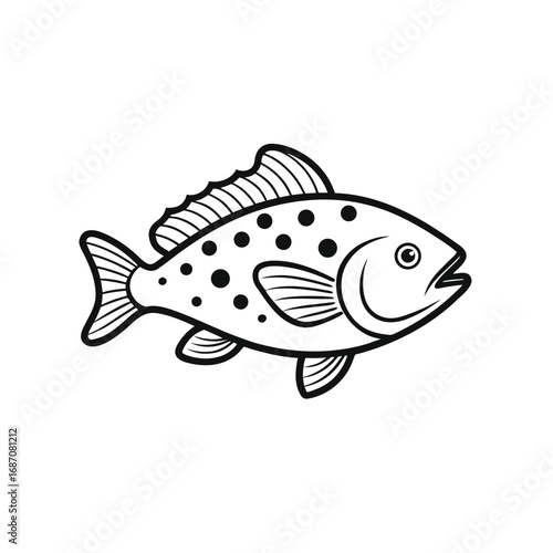 Minimalist Line Art of Spotted Fish – Black and White Marine Illustration with Fins and Open Mouth