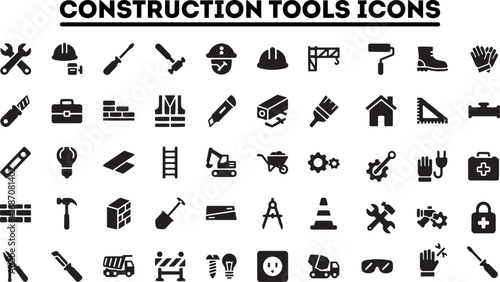 Construction Icons Vector Glyph Pack Tools Equipment Set