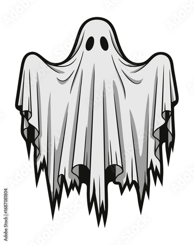 Gothic Style Halloween Ghost Vector Illustration with Hollow Eyes and Draped Sheet.