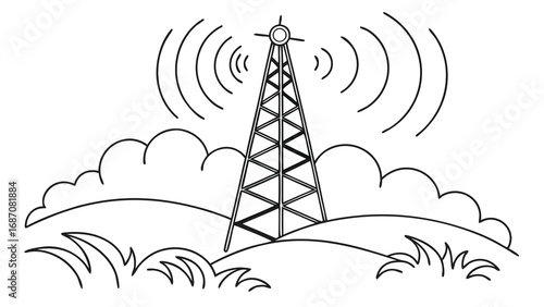 Radio Tower Broadcasting Signal in a Landscape Outline.
