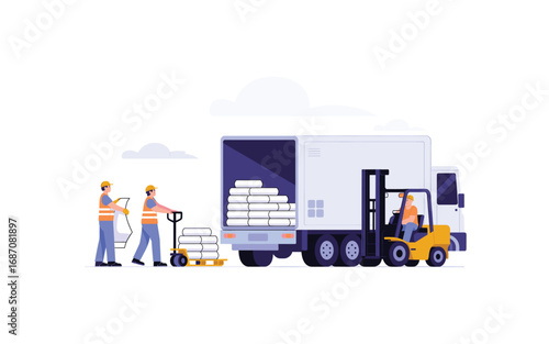 Construction Workers Loading and Unloading Cement Bags onto Truck with Forklift, Logistics Illustration for Construction, Delivery and Building Material Industry