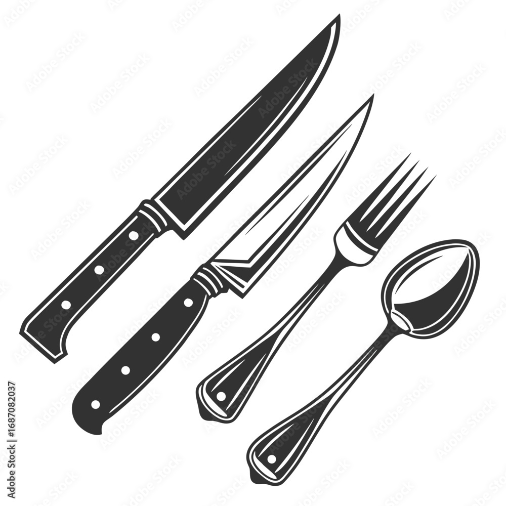 Naklejka premium Cutlery set with knives fork and spoon kitchenware