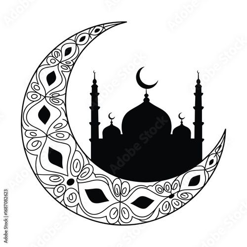 Ornate crescent moon embraces silhouette of a mosque and smaller crescent