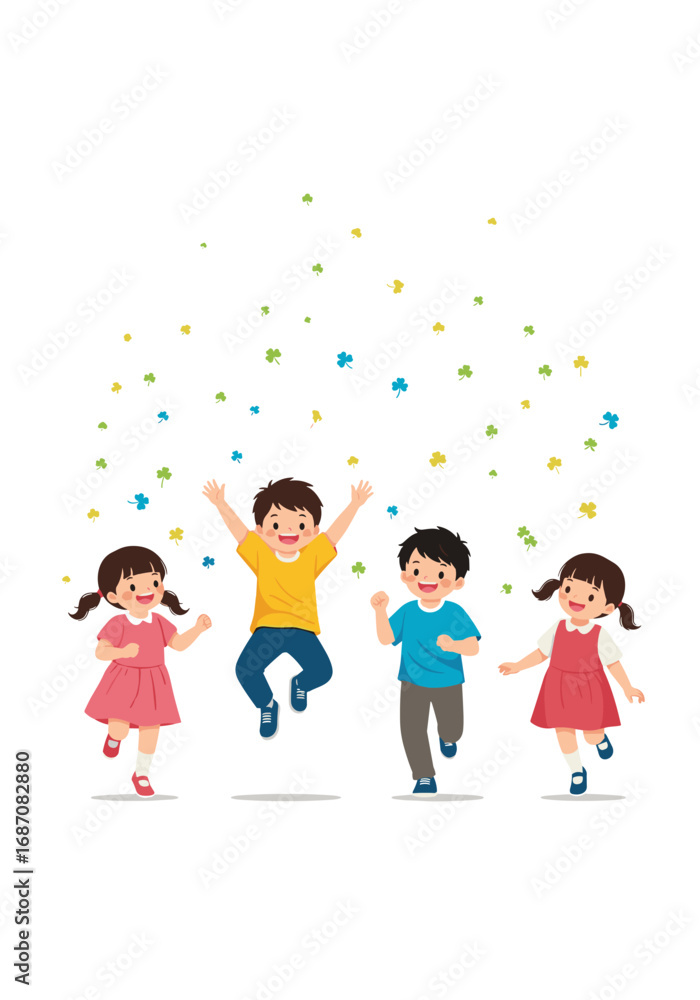 Fototapeta premium Four happy children joyfully jumping and dancing outdoors during a celebration