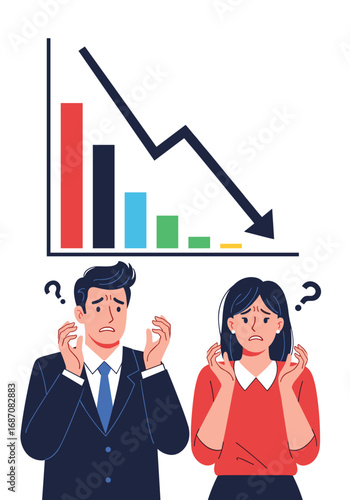 Frustrated people viewing downward trend graph worrying about financial losses