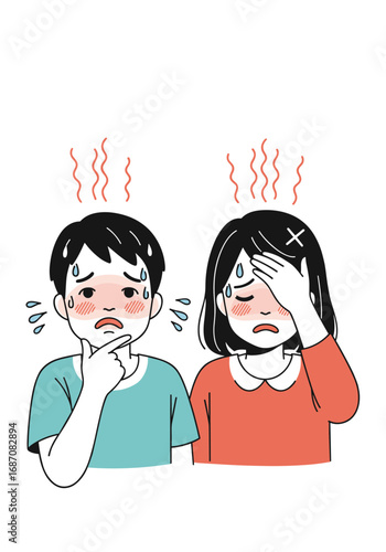 Feeling unwell two people suffering from heat and fever symptoms
