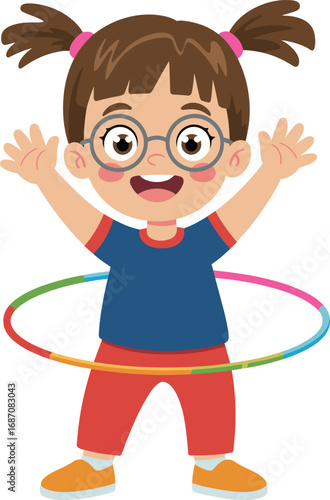 Cartoon illustration of happy little girl with glasses playing hula hoop, smiling face, fun childhood activity, joyful, cheerful expression.