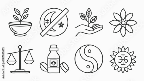 Holistic Health and Alternative Medicine Vector Icons Set.
