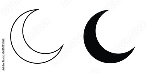 Crescent moon vector icon set, black and white night symbol design, lunar phase illustration, celestial astronomy element, minimal outline and solid moon shape isolated on transparent background