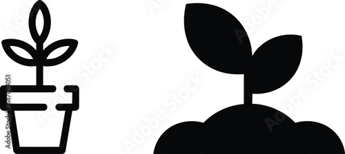 Growing Greenery Depicted in Two Distinct Illustrations A Budding Plant in a Pot and a Sprout Emerging from the Ground