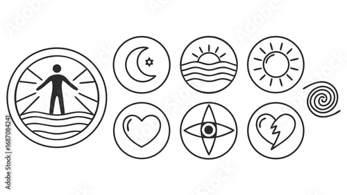 Collection of circular symbols representing various concepts and ideas.