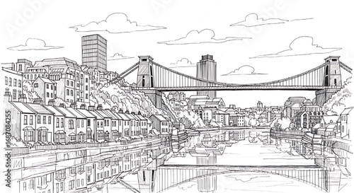 Hand-drawn sketch of the Clifton Suspension Bridge in Bristol, UK. A detailed black and white vector illustration of the iconic landmark.