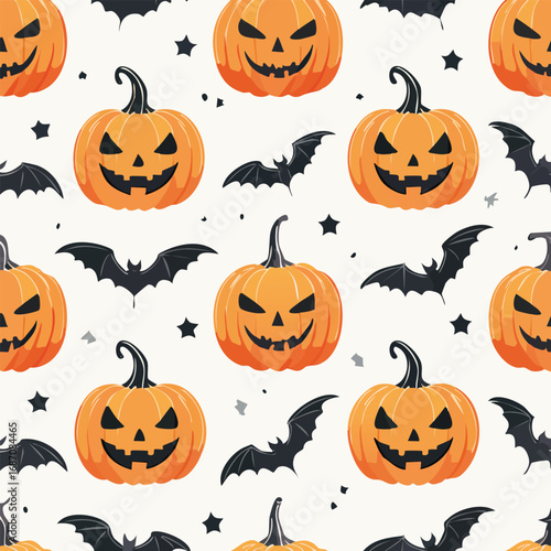 Spooky Halloween pattern with carved pumpkins, bats, and stars perfect for holiday designs