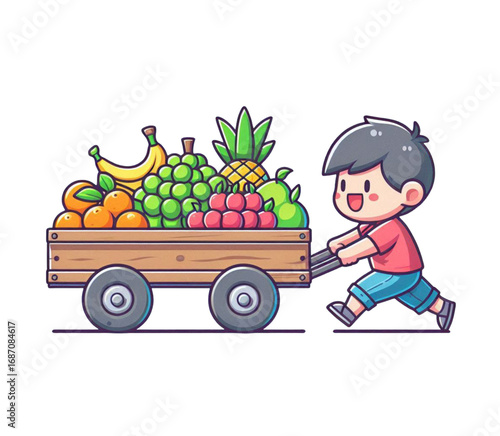 A Fruit Seller is Pushing His Cart