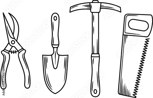 Black and White Outlined Garden Tools Illustration Featuring Pruning Shears, a Hand Trowel, a Pickaxe, and a Hand Saw for Gardening Tasks