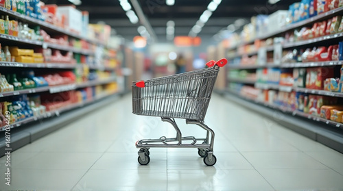 Shopping cart awaits eager shoppers in a bright aisle filled with groceries and essential household items