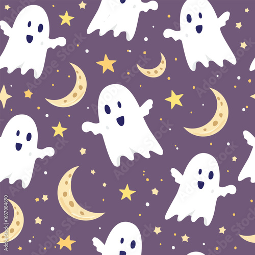 Happy Halloween night with playful ghosts, crescent moons, and shining stars for festive fun