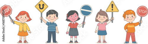 Cartoon kids holding traffic signs illustration, children learning road safety rules, stop sign, warning sign, education vector, safety awareness character design.
